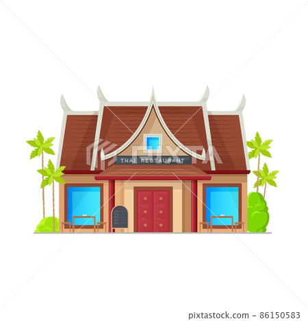 Thai cuisine restaurant building icon, Asian food bar architecture, vector. Thai cuisine cafe or authentic restaurant facade of oriental gourmet bistro entrance with bar tables on terrace 86150583