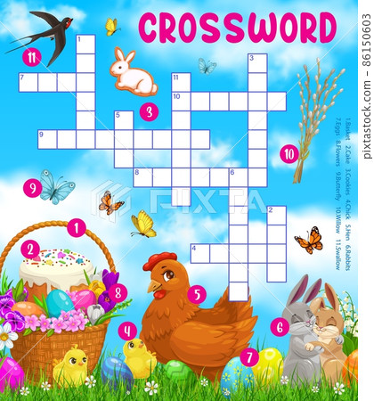 Easter holiday characters vector crossword puzzle game grid. Find a word quiz worksheet template of kids education, cartoon cross word with Easter bunnies, eggs and chicks on blue sky background 86150603