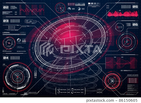 HUD futuristic user digital screen interface, infographic information charts. Vector business technology dashboard with data and holograms, healthcare and medicine info boxes and ui callout titles 86150605