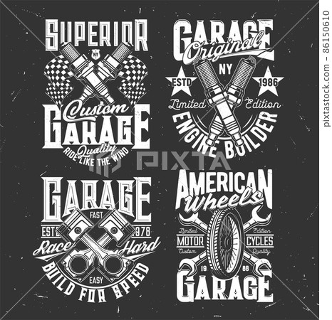 Tshirt prints vector car or motorcycle parts crossed engine valves, wheel and wrench for apparel design. Labels with typography, t shirt print, garage station or bikers club isolated monochrome emblem 86150610