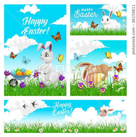 Happy Easter holiday vector posters, rabbit push wheelbarrow with decorated eggs, bunny sleeping on field, white sheep. Greeting card with cute cartoon animals on green meadow. Easter egg hunt banner 86150611