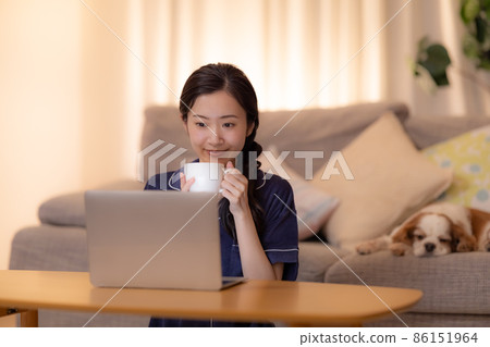 晚上的客廳 一個女人一邊看電腦一邊放鬆 晚上的客廳 一個女人一邊看電腦一邊放鬆 86151964