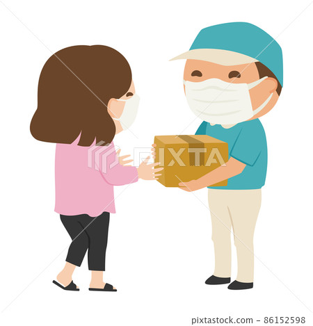 郵遞員。一個戴著面具的男人把紙板箱交給一個女人的插圖。 郵遞員。一個戴著面具的男人把紙板箱交給一個女人的插圖。 86152598