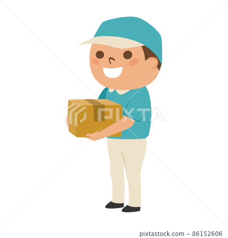 一名男子在送貨公司拿著一個紙板箱的插圖。 86152606