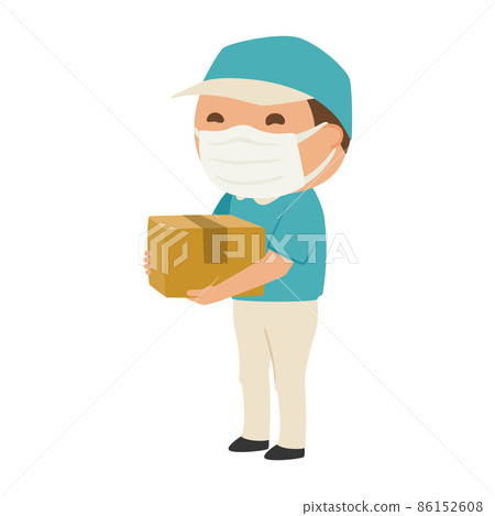一名男子在送貨公司拿著一個紙板箱的插圖。一個戴著面具的男人。 一名男子在送貨公司拿著一個紙板箱的插圖。一個戴著面具的男人。 86152608