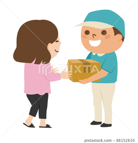 郵遞員。一個男人拿著一個紙板袋並將它交給一個女人的插圖。 郵遞員。一個男人拿著一個紙板袋並將它交給一個女人的插圖。 86152610