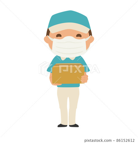一名男子在送貨公司拿著一個紙板箱的插圖。一個戴著面具的男人。 一名男子在送貨公司拿著一個紙板箱的插圖。一個戴著面具的男人。 86152612