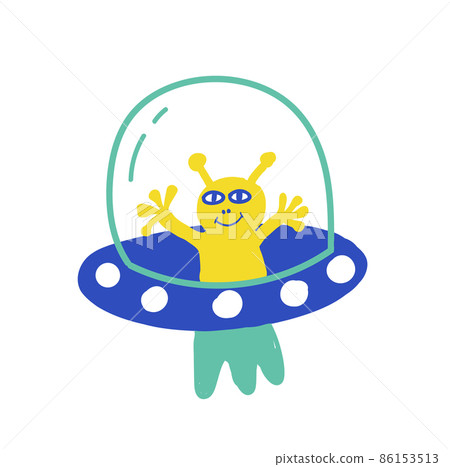 Cute little alien in flying saucer. Vector 86153513