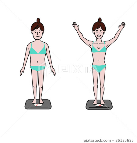 A simple illustration that can also be used for line drawing videos on a white background of muscle training before and after a young woman with long hair tied A simple illustration that can also be used for line drawing videos on a white background of muscle training before and after a young woman with long hair tied 86153653
