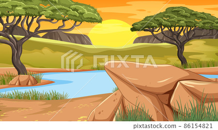 Savanna forest landscape with river 86154821