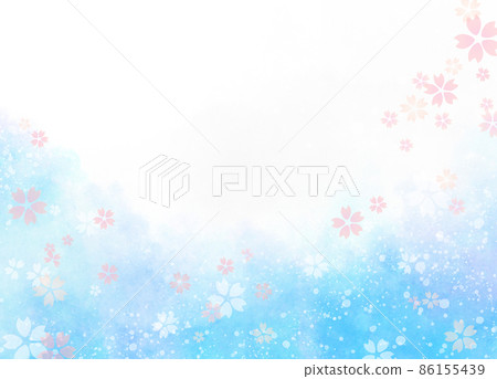美麗的藍色水彩背景與跳舞的櫻花與文本空間 美麗的藍色水彩背景與跳舞的櫻花與文本空間 86155439