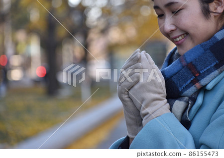在寒冷的冬天用手套取暖的日本年輕女性 86155473