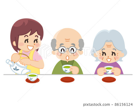 Elderly people enjoying tea and caregiver helpers 86156124