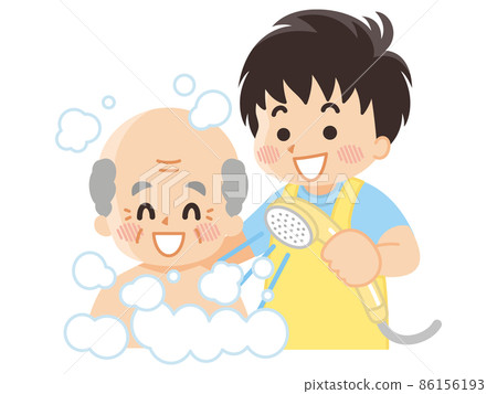 A caregiver helper who assists elderly men in... - Stock Illustration ...