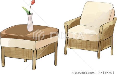 Illustration set of cushion chair and table with vase Illustration set of cushion chair and table with vase 86156201