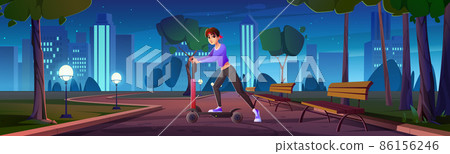 Girl ride on electric scooter in night city park Girl ride on electric scooter in night city park 86156246