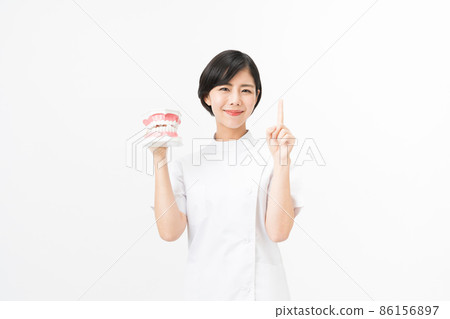 Young female dental hygienist with a tooth model (white background) 86156897