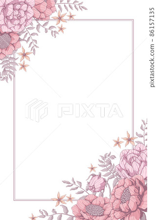 Vertical background with pink roses, peonies and grey leaves. Banners template with floral motif. Place for text. Hand drawn vector illustration of flower. 86157135