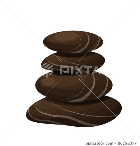 Spa stones pile, balance tower, meditation rock with flowers in cartoon style isolated on white background. Wellness massage, relax. 86158077