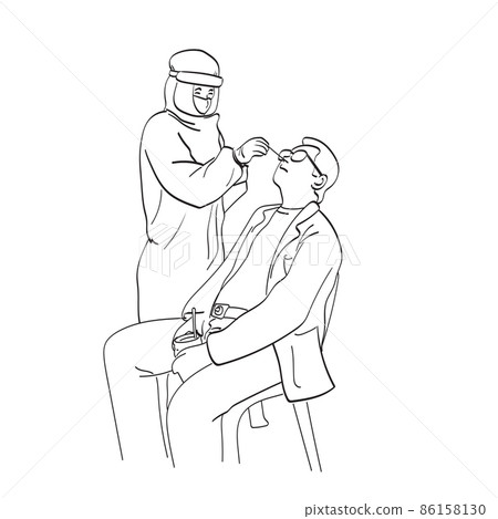 Doctor in ppe suit making covid-19 PCR test or swab for male patient illustration vector hand drawn isolated on white background line art. 86158130