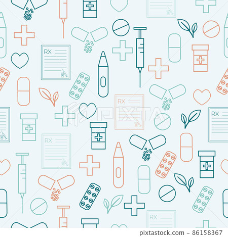 Medical outline seamless pattern with pill, syringe, heart, prescription. Vector illustration on green background Medical outline seamless pattern with pill, syringe, heart, prescription. Vector illustration on green background 86158367