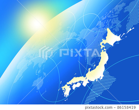 Map of Japan with a dot world map in the background 86158419