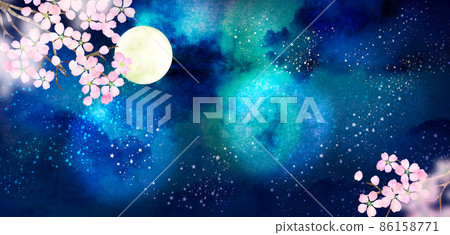 Moonlit night cherry blossoms watercolor illustration 86158771