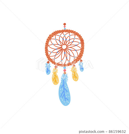 Dreamcatcher Indian Ethnic Feather Ornament. Vector Flat Line