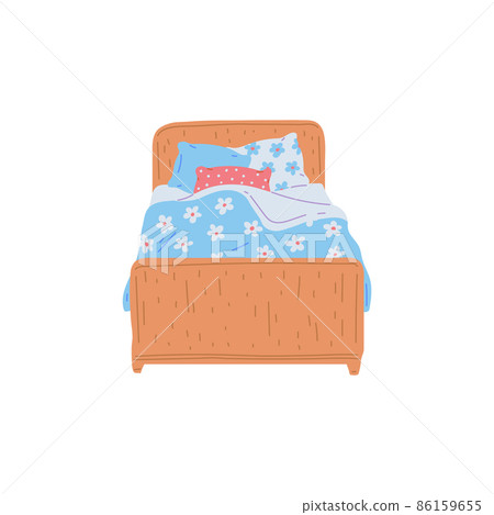 Wooden bed with pillows and cute bedclothes, flat vector illustration isolated. Wooden bed with pillows and cute bedclothes, flat vector illustration isolated. 86159655
