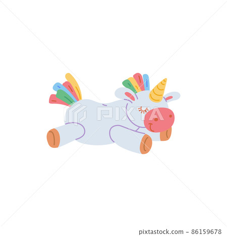 Sleeping toy unicorn flat vector illustration isolated on white background. 86159678