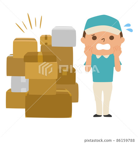 Illustration of a man in a delivery company holding a cardboard box. A man who is confused by a lot of luggage. 86159788