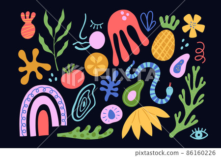 Organic blobs, tropic fruits, leaves, woman face and coral in matisse style. Set of trendy doodle abstract elements. Bundle with natural shapes, random matisse collection. Vector illustration 86160226