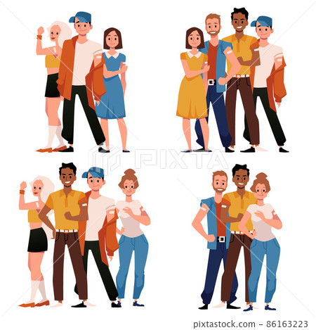 Group of young people get vaccinated for COVID. Black and white male and female show arm with bandage after vaccination. 86163223