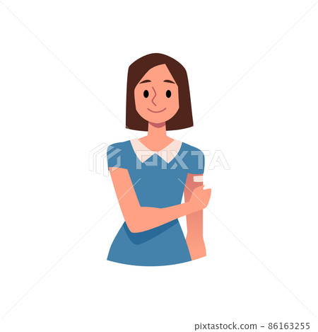 Vaccinated woman with plaster on her hand, flat vector illustration isolated. Vaccinated woman with plaster on her hand, flat vector illustration isolated. 86163255