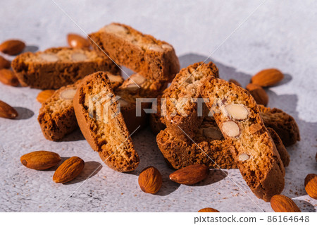 Homemade fresh Italian cookies cantuccini stacks and organic almond seeds. Biscotti Cantuccini Cookie Biscuits with Almonds Shortbread. Healthy eating food. Vegan dieting vegetarian 86164648