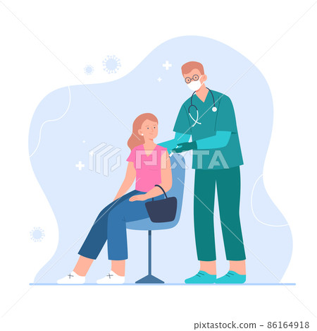 A male nurse vaccinates a young woman. Global vaccination concept against flu, viruses, or diseases. Process of immunization against coronavirus, covid-19. Vector flat illustration. 86164918
