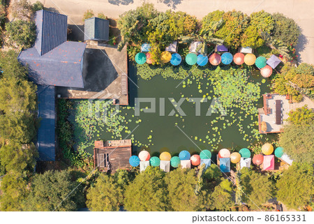 Aerial top view of lotus flowers in pond, sea or lake in national park in pool on holiday, vacation concept. Nature landscape background. Travelling Aerial top view of lotus flowers in pond, sea or lake in national park in pool on holiday, vacation concept. Nature landscape background. Travelling 86165331