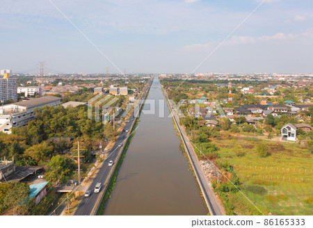 Aerial view of river lake in Bangkok Downtown Skyline, Thailand in urban city in Asia. 86165333