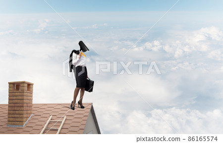 Concept of security and privacy protection with camera headed woman Concept of security and privacy protection with camera headed woman 86165574