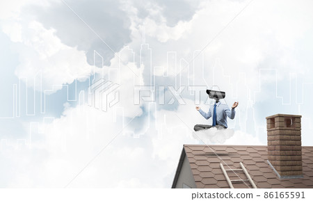 Concept of security and privacy protection with camera headed man meditating Concept of security and privacy protection with camera headed man meditating 86165591