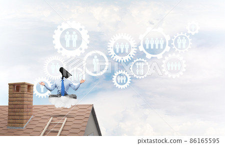 Concept of security and privacy protection with camera headed man meditating 86165595