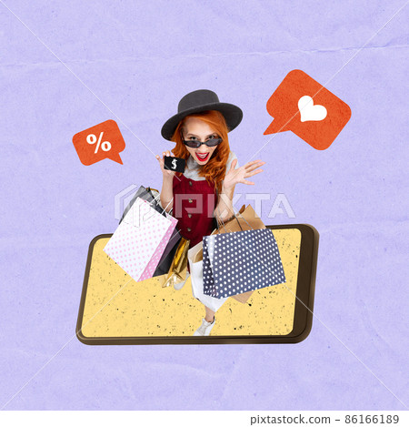 Contemporary art collage. Happy and excited woman, shopacholic sticking out phone screen with many shopping bags Contemporary art collage. Happy and excited woman, shopacholic sticking out phone screen with many shopping bags 86166189