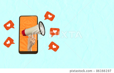 Contemporary art collage. Modern design. Female hand with megaphone sticking out phone screen with like icons promoting online shopping Contemporary art collage. Modern design. Female hand with megaphone sticking out phone screen with like icons promoting online shopping 86166197