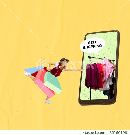 Creative design. Contemporary art collage of young woman, shopacholic buying cloth via Internet Creative design. Contemporary art collage of young woman, shopacholic buying cloth via Internet 86166198