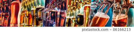 Collage. Glasses of dark and light beer, ale, lager, stout, porter in modern and bright neon light with pouring machine on background. Collage. Glasses of dark and light beer, ale, lager, stout, porter in modern and bright neon light with pouring machine on background. 86166213