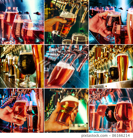 Collage. Glasses of dark and light beer, ale, lager, stout, porter in modern and bright neon light with pouring machine on background. Collage. Glasses of dark and light beer, ale, lager, stout, porter in modern and bright neon light with pouring machine on background. 86166214