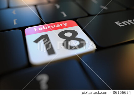 February 18 date on a keyboard key, 3d rendering 86166654