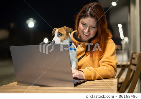 Smiling woman working on laptop at a wooden table in the street. The girl looks at the monitor with her pet jack russell terrier. Freelancer walks the dog in the evening. Smiling woman working on laptop at a wooden table in the street. The girl looks at the monitor with her pet jack russell terrier. Freelancer walks the dog in the evening. 86168486