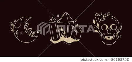 Magical symbols set of doodles esoteric boho mystical hand-drawn elements stone crystals. In gold color on a black background. Magical vector elements 86168798
