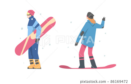 Man and Woman Snowboarding Dressed in Winter Outfit Vector Set 86169472